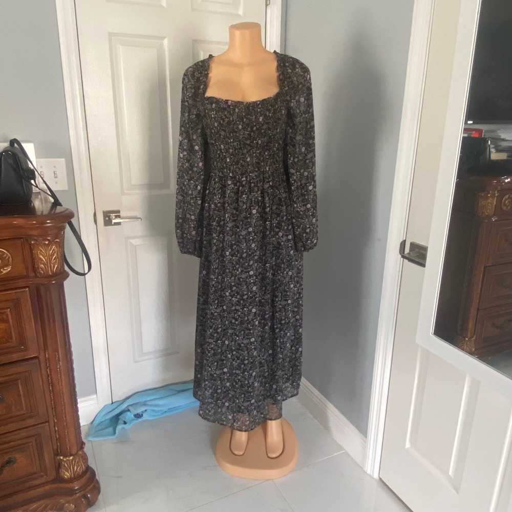 ASTR The Label Black Purple Floral Smocked Midi Dress XL Long Sleeve